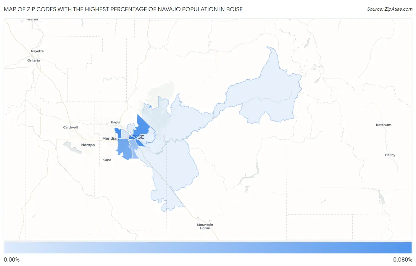 Zip Codes with the Highest Percentage of Navajo Population in Boise Map