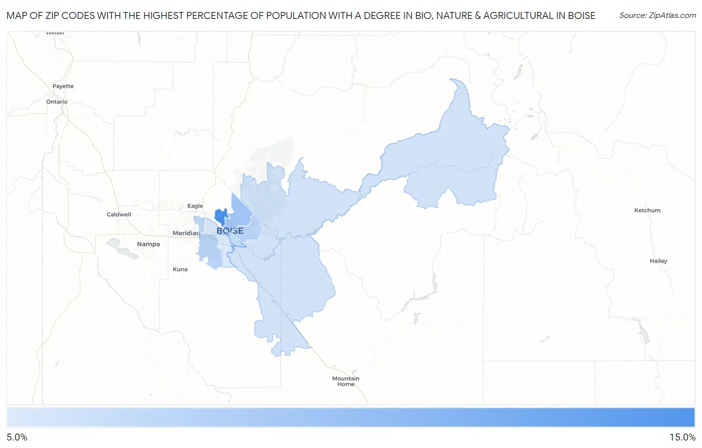 Zip Codes with the Highest Percentage of Population with a Degree in Bio, Nature & Agricultural in Boise Map