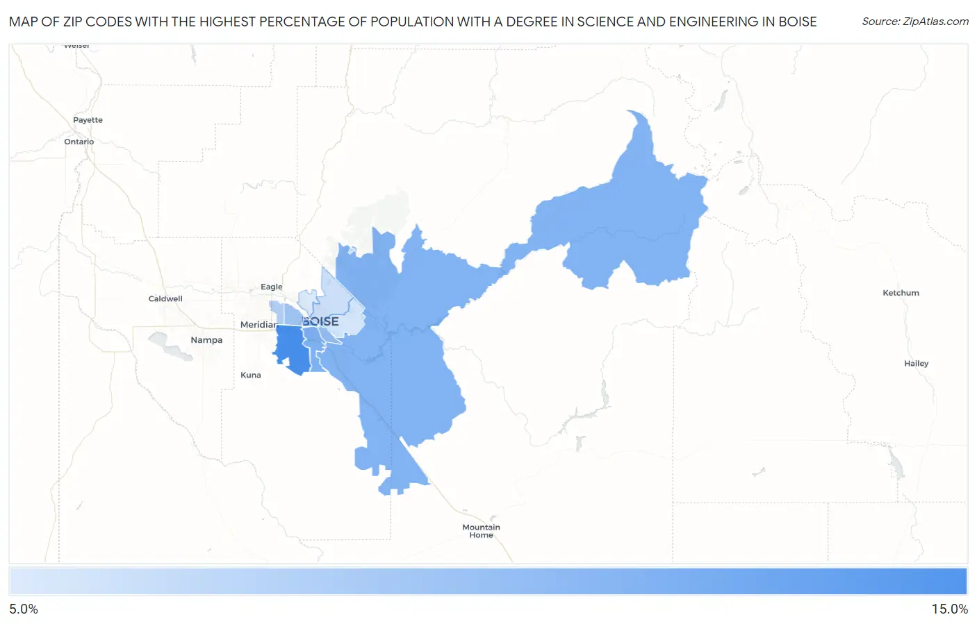 Zip Codes with the Highest Percentage of Population with a Degree in Science and Engineering in Boise Map