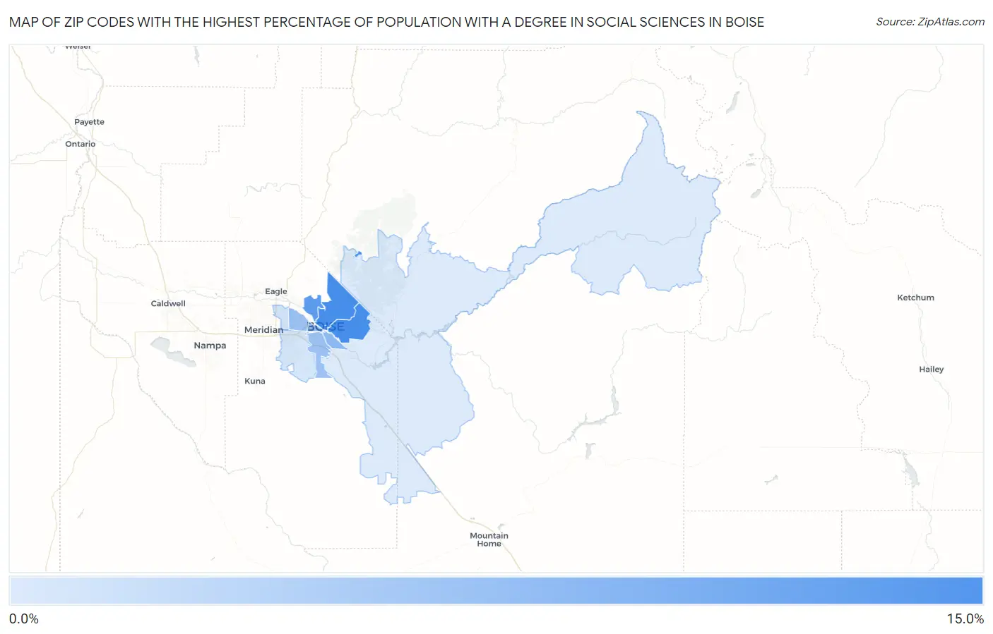 Zip Codes with the Highest Percentage of Population with a Degree in Social Sciences in Boise Map