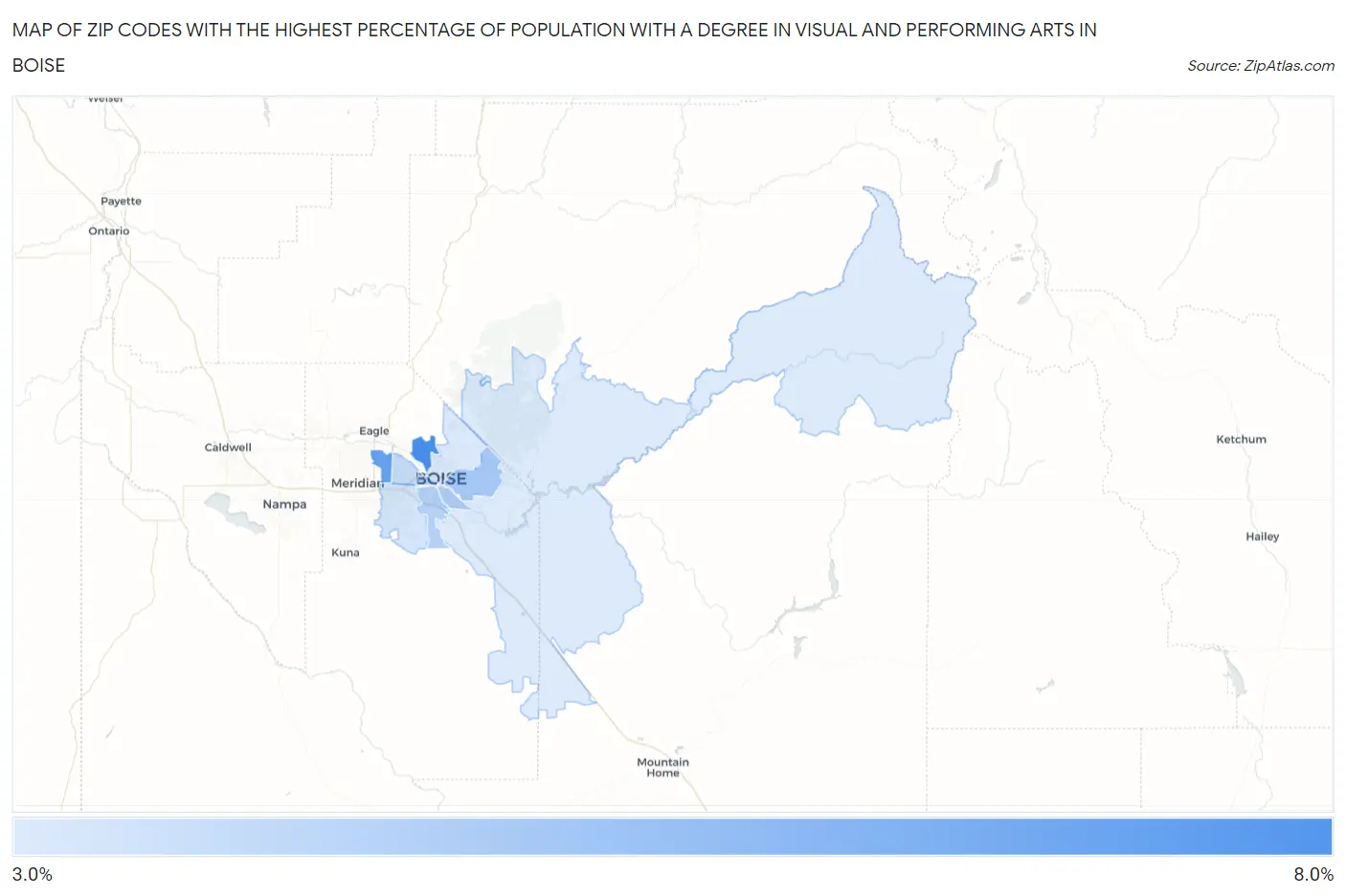 Zip Codes with the Highest Percentage of Population with a Degree in Visual and Performing Arts in Boise Map