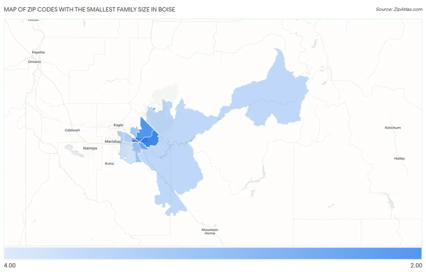 Zip Codes with the Smallest Family Size in Boise Map