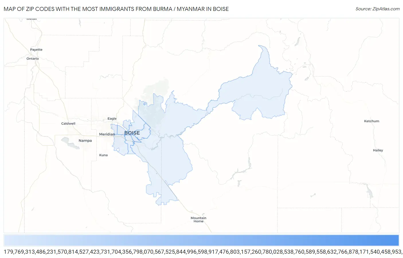 Zip Codes with the Most Immigrants from Burma / Myanmar in Boise Map