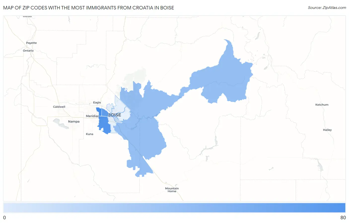 Zip Codes with the Most Immigrants from Croatia in Boise Map