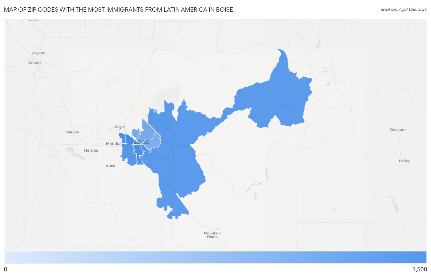 Zip Codes with the Most Immigrants from Latin America in Boise Map