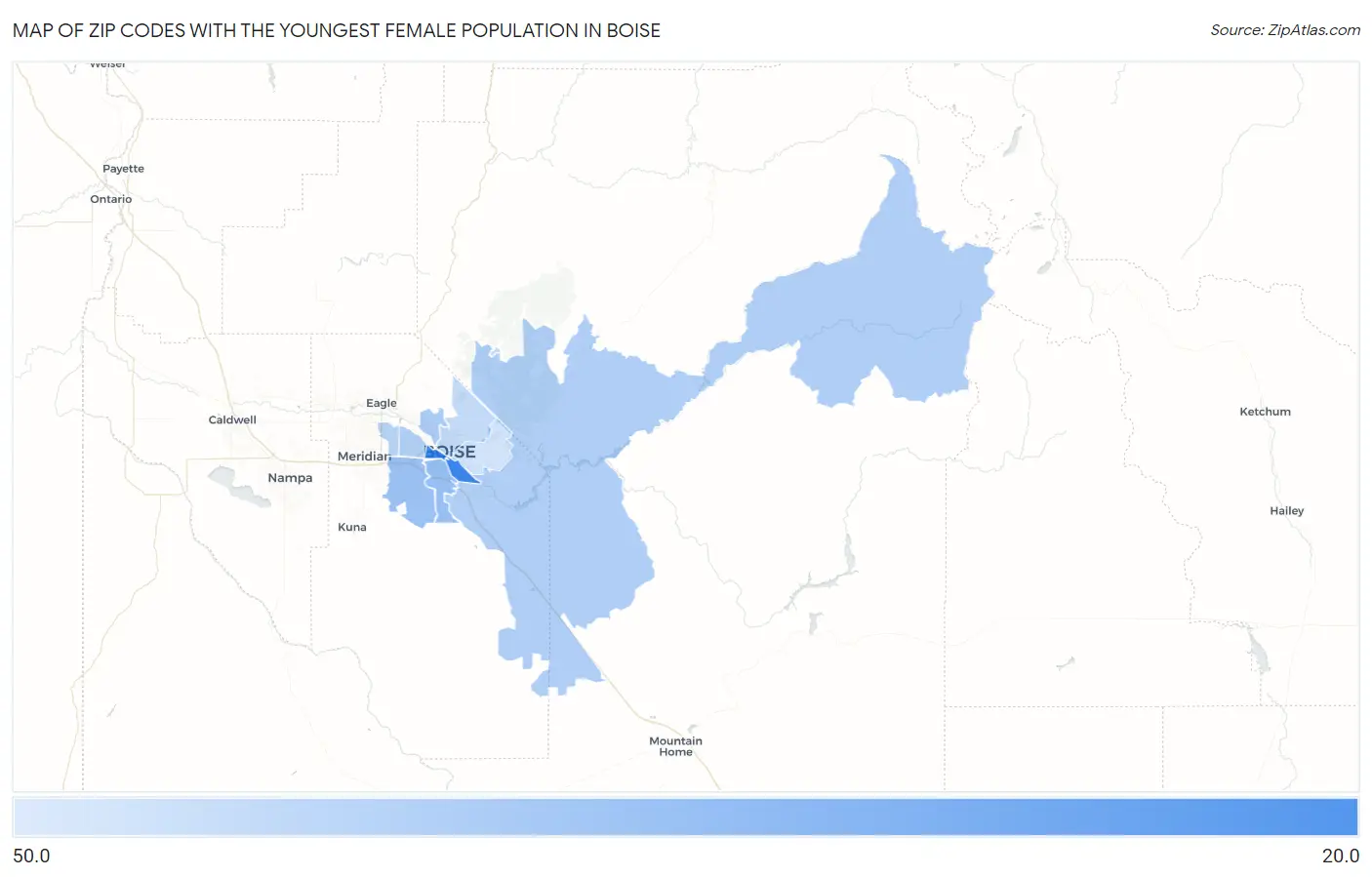 Zip Codes with the Youngest Female Population in Boise Map