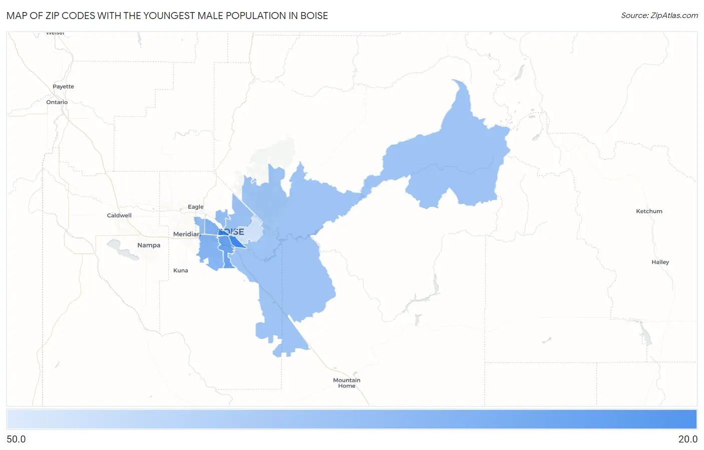 Zip Codes with the Youngest Male Population in Boise Map