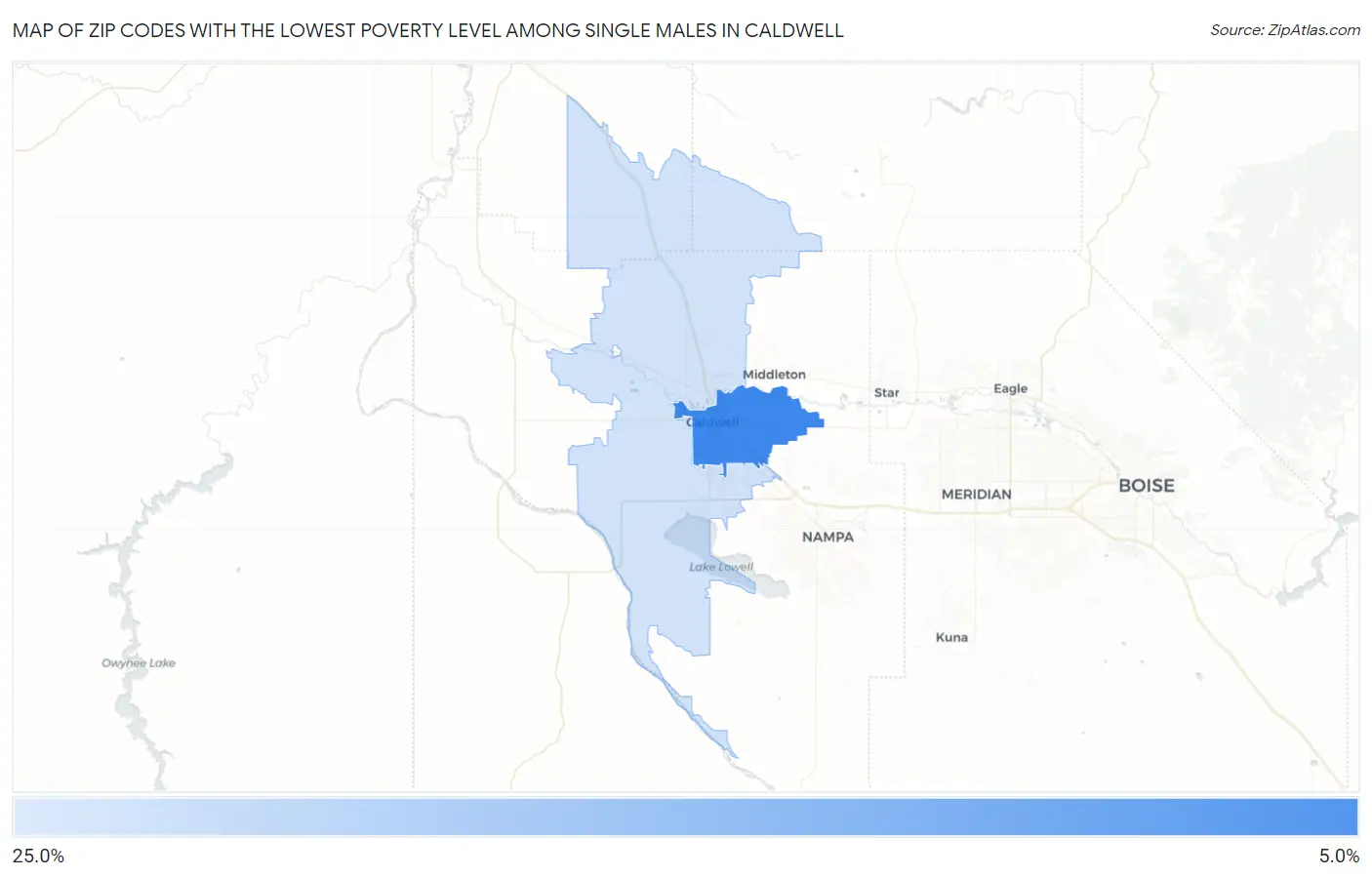 Zip Codes with the Lowest Poverty Level Among Single Males in Caldwell Map