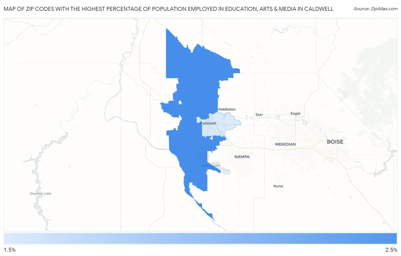 Zip Codes with the Highest Percentage of Population Employed in Education, Arts & Media in Caldwell Map