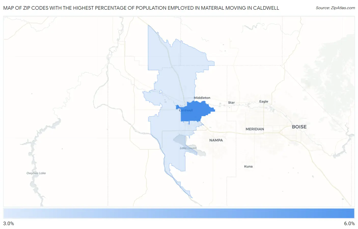 Zip Codes with the Highest Percentage of Population Employed in Material Moving in Caldwell Map