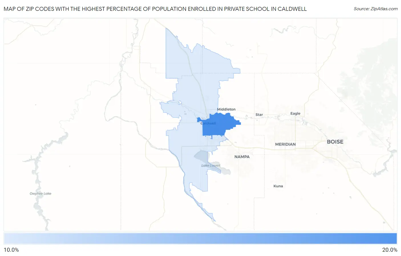 Zip Codes with the Highest Percentage of Population Enrolled in Private School in Caldwell Map