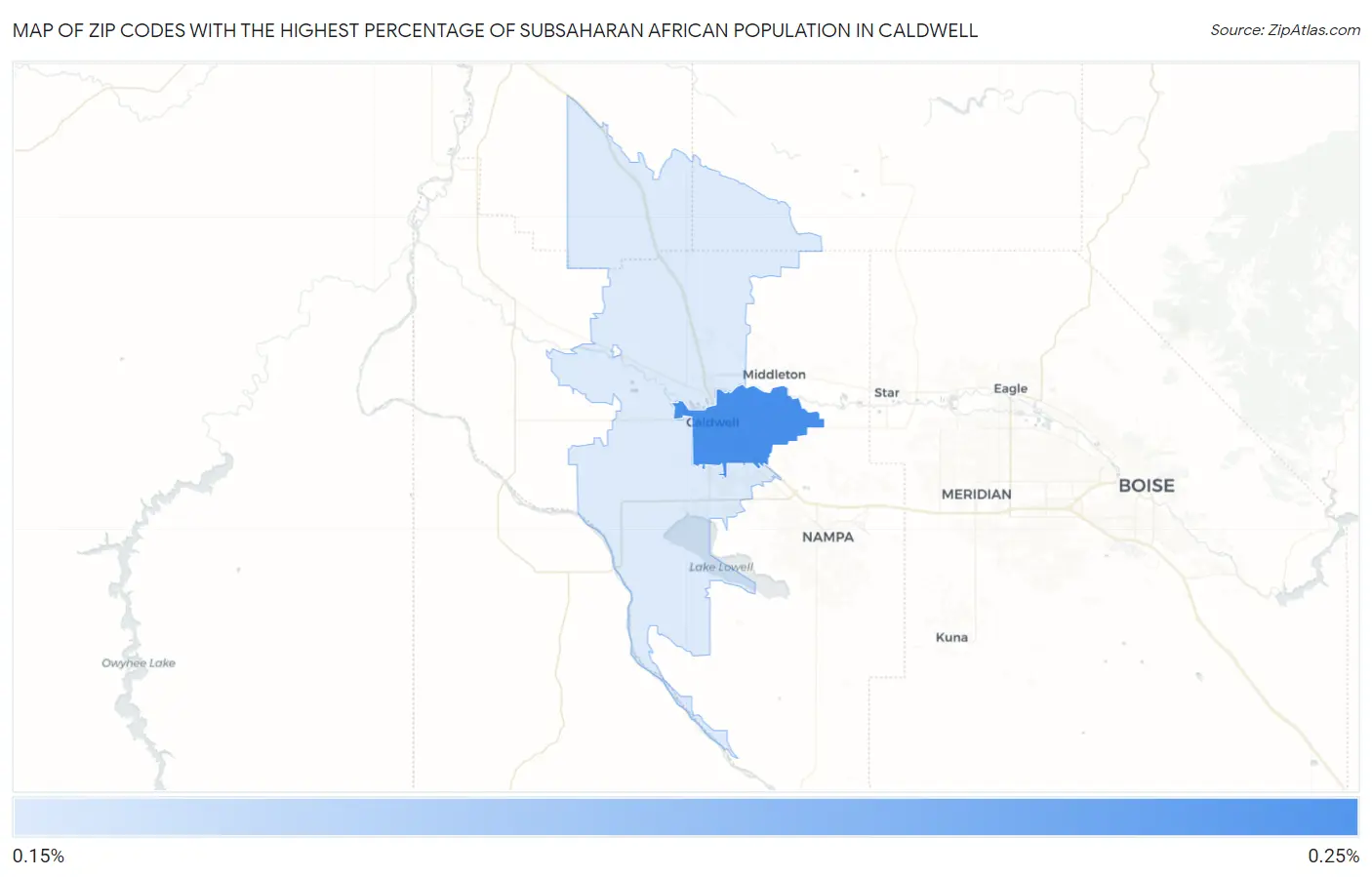 Zip Codes with the Highest Percentage of Subsaharan African Population in Caldwell Map