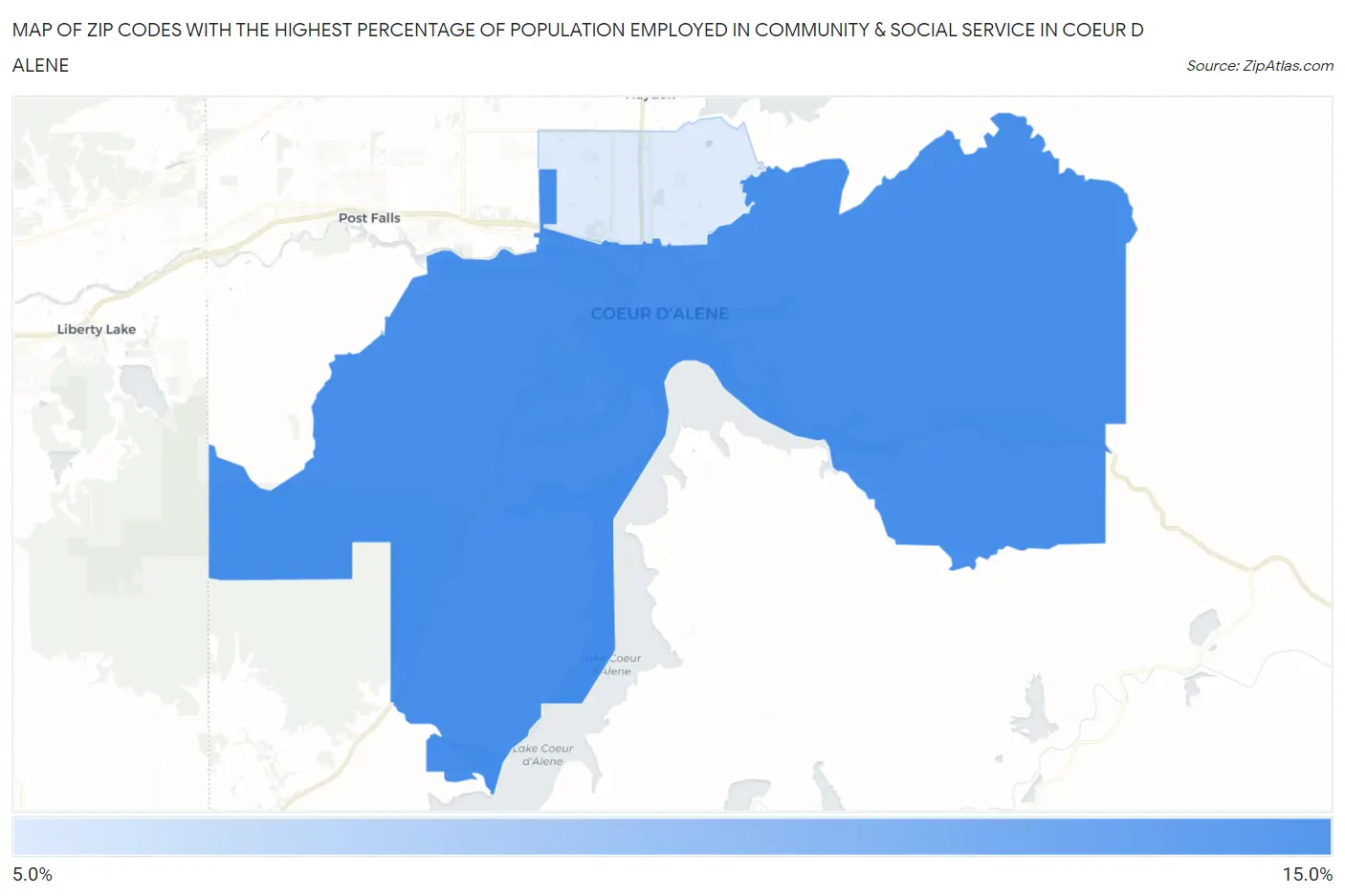 Zip Codes with the Highest Percentage of Population Employed in Community & Social Service in Coeur D Alene Map