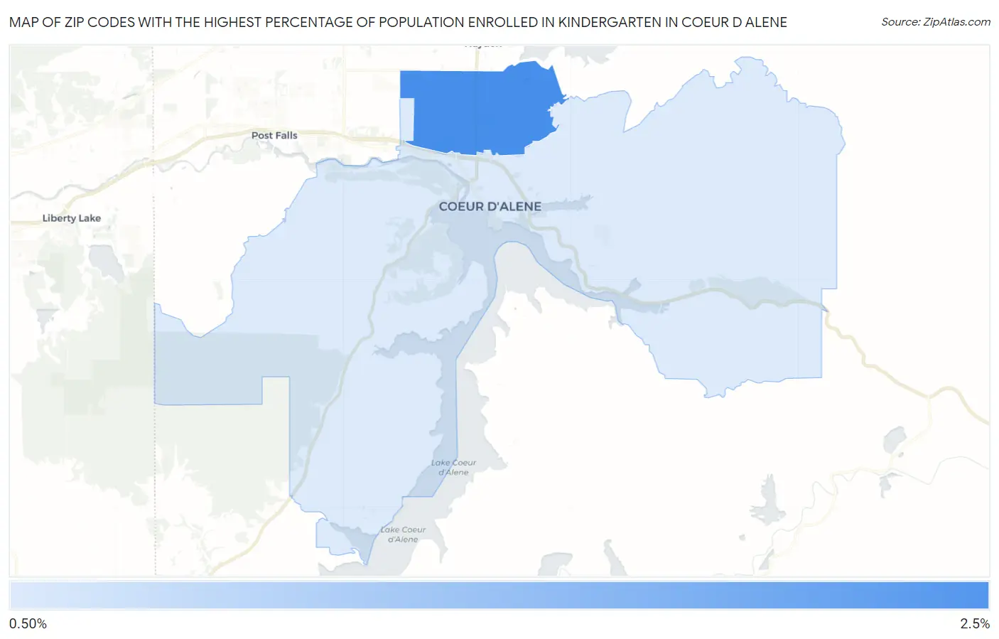 Zip Codes with the Highest Percentage of Population Enrolled in Kindergarten in Coeur D Alene Map