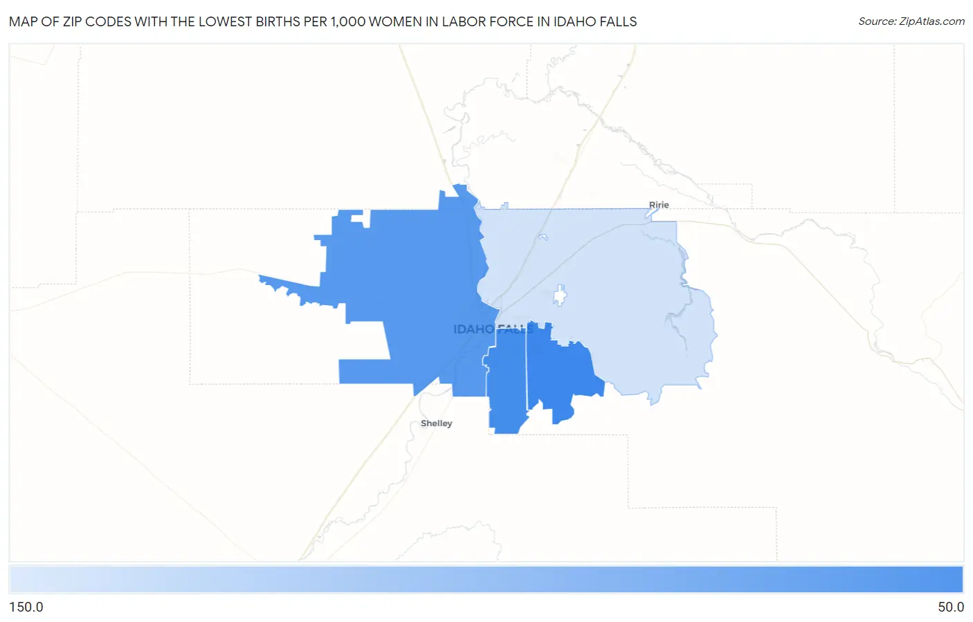 Zip Codes with the Lowest Births per 1,000 Women in Labor Force in Idaho Falls Map