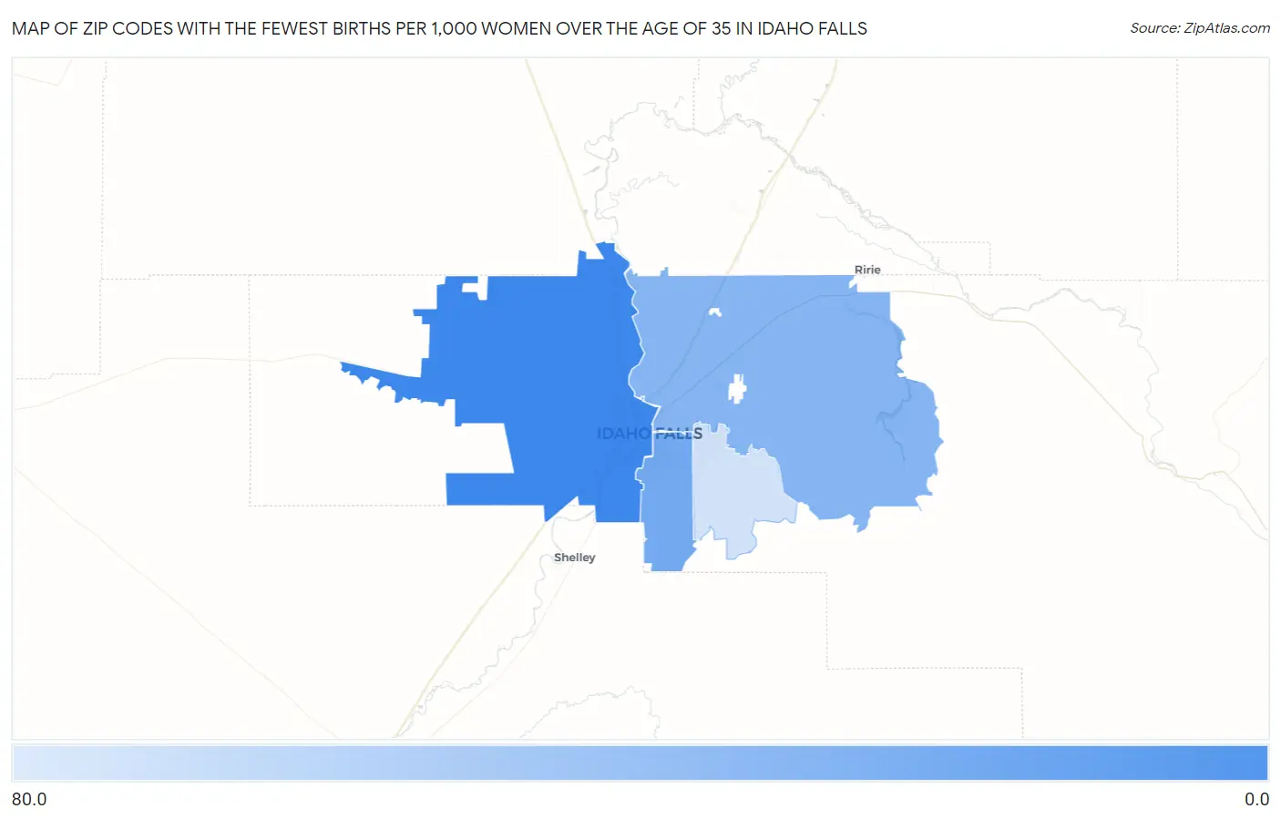 Zip Codes with the Fewest Births per 1,000 Women Over the Age of 35 in Idaho Falls Map