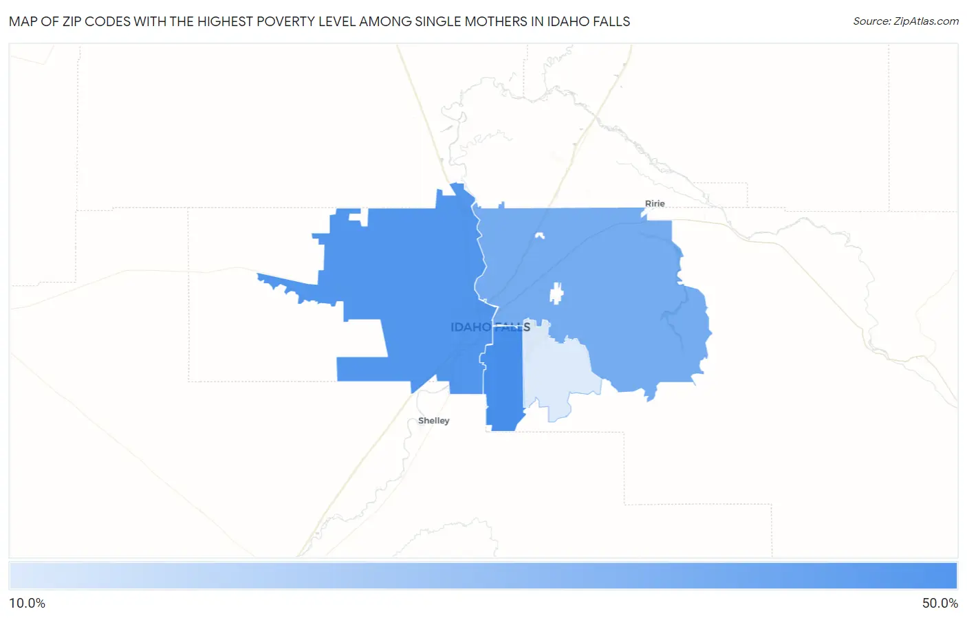 Zip Codes with the Highest Poverty Level Among Single Mothers in Idaho Falls Map