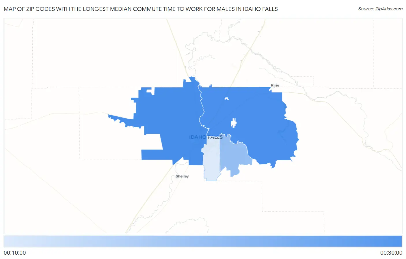 Zip Codes with the Longest Median Commute Time to Work for Males in Idaho Falls Map