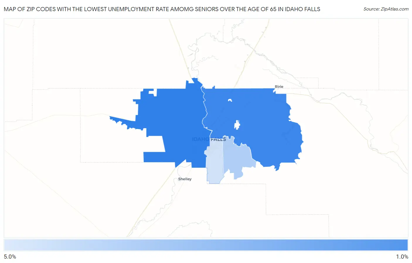 Zip Codes with the Lowest Unemployment Rate Amomg Seniors Over the Age of 65 in Idaho Falls Map