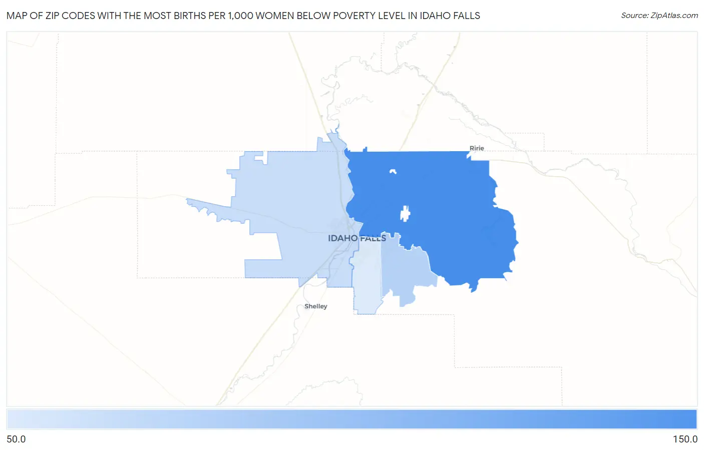 Zip Codes with the Most Births per 1,000 Women Below Poverty Level in Idaho Falls Map