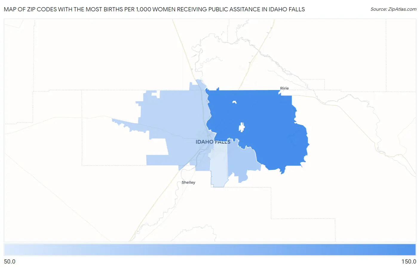 Zip Codes with the Most Births per 1,000 Women Receiving Public Assitance in Idaho Falls Map