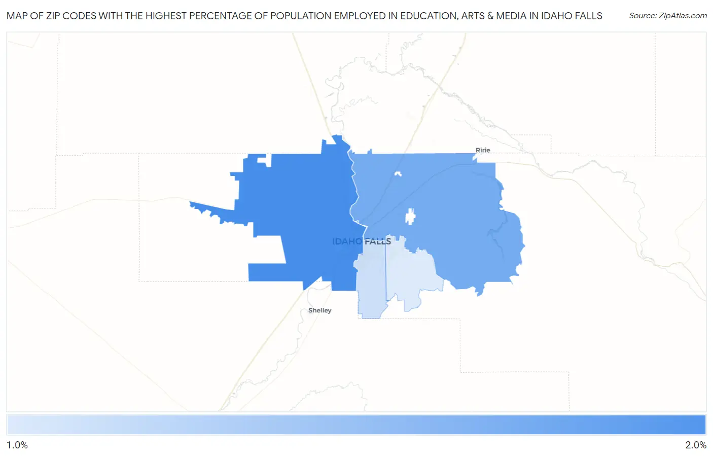 Zip Codes with the Highest Percentage of Population Employed in Education, Arts & Media in Idaho Falls Map