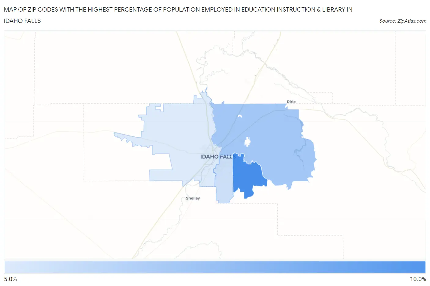 Zip Codes with the Highest Percentage of Population Employed in Education Instruction & Library in Idaho Falls Map
