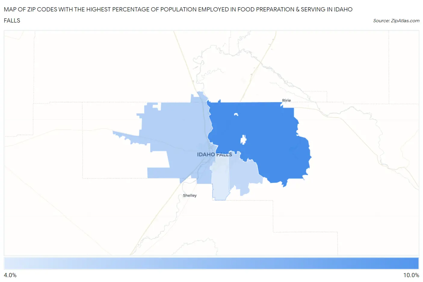 Zip Codes with the Highest Percentage of Population Employed in Food Preparation & Serving in Idaho Falls Map