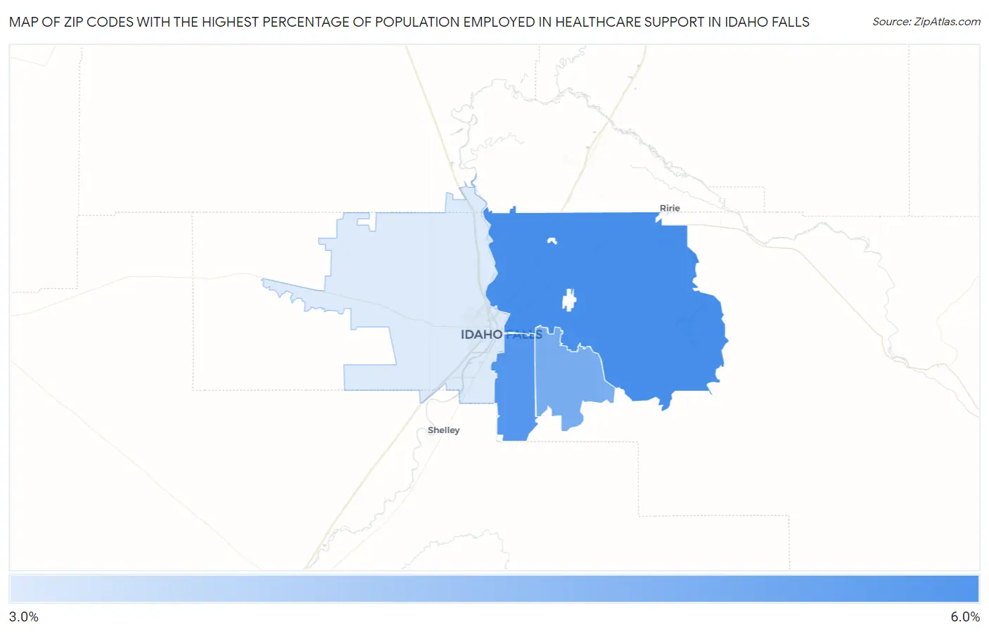 Zip Codes with the Highest Percentage of Population Employed in Healthcare Support in Idaho Falls Map