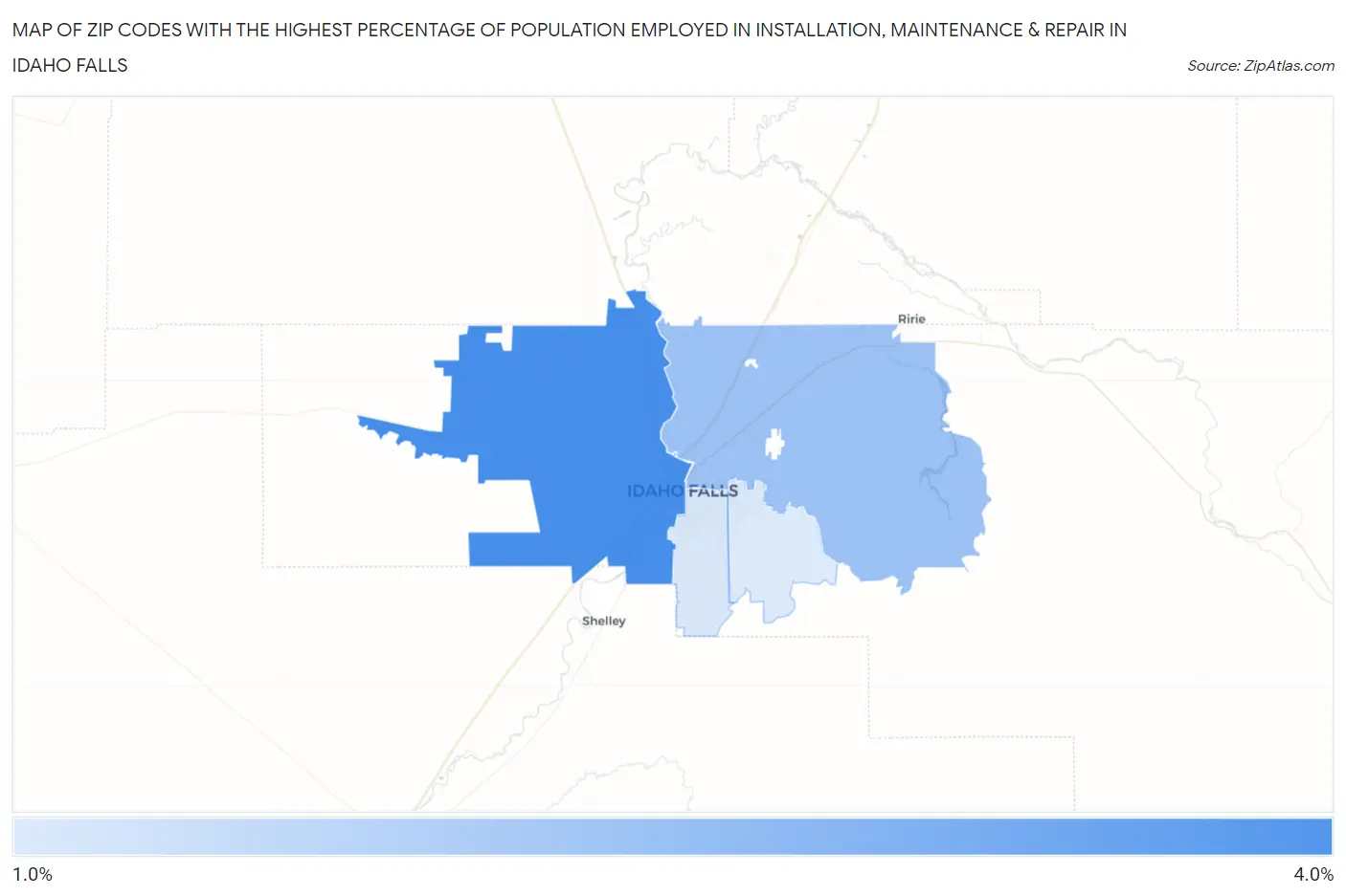 Zip Codes with the Highest Percentage of Population Employed in Installation, Maintenance & Repair in Idaho Falls Map