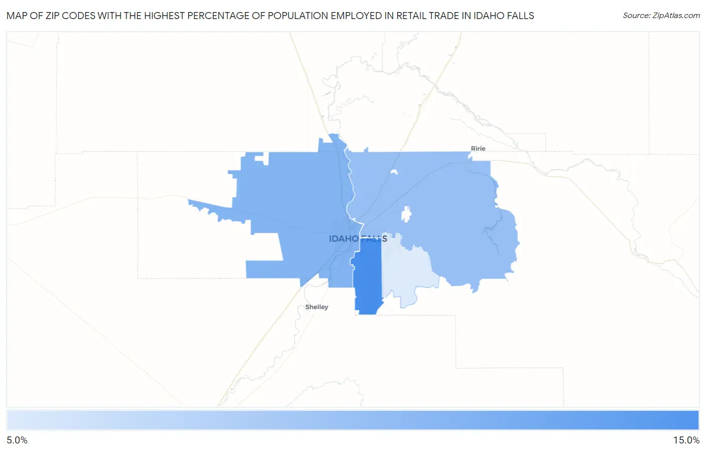 Zip Codes with the Highest Percentage of Population Employed in Retail Trade in Idaho Falls Map
