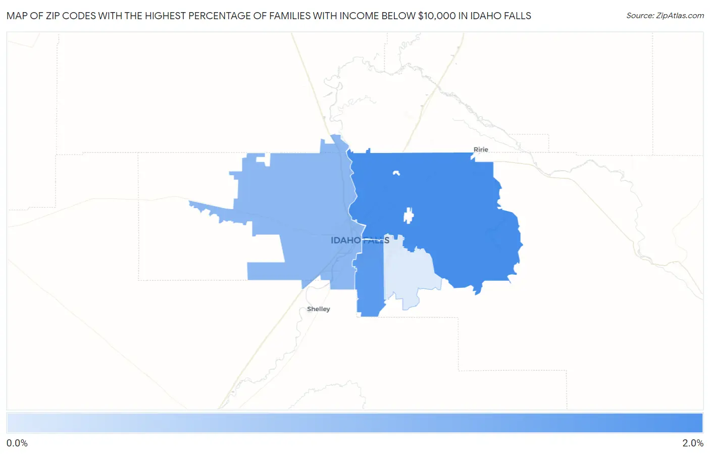 Zip Codes with the Highest Percentage of Families with Income Below $10,000 in Idaho Falls Map