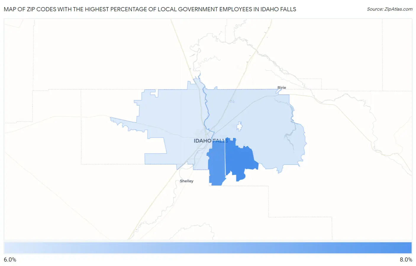 Zip Codes with the Highest Percentage of Local Government Employees in Idaho Falls Map