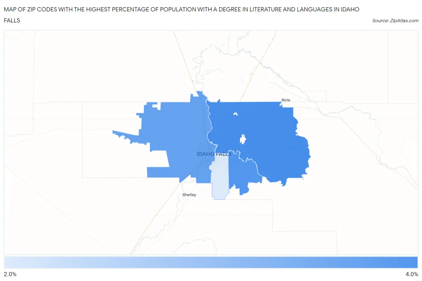 Zip Codes with the Highest Percentage of Population with a Degree in Literature and Languages in Idaho Falls Map