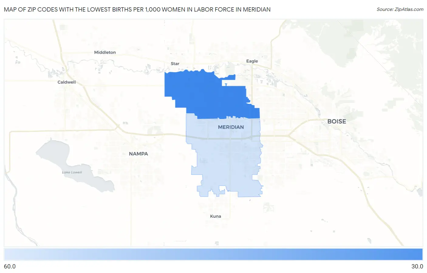Zip Codes with the Lowest Births per 1,000 Women in Labor Force in Meridian Map
