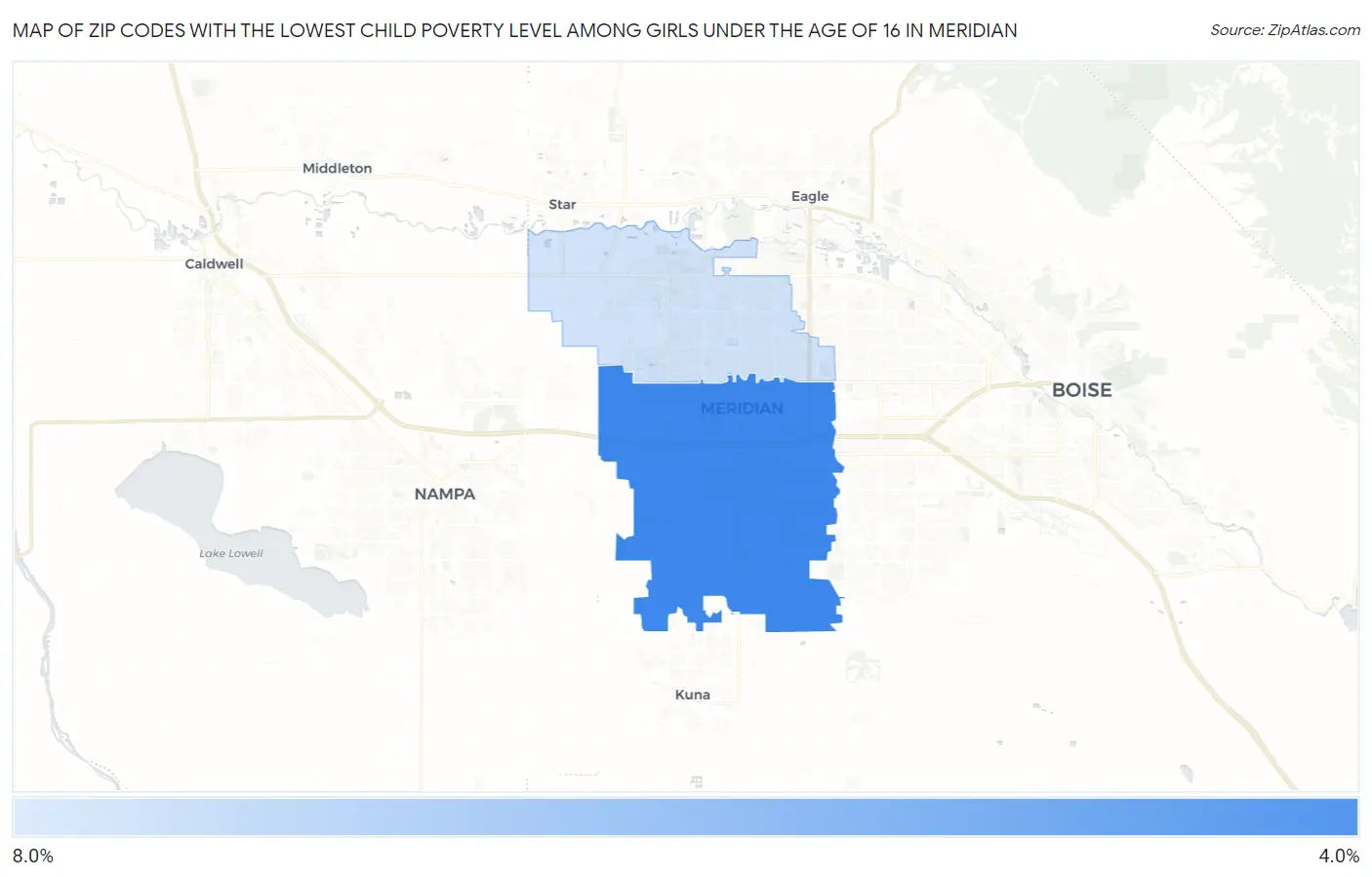 Zip Codes with the Lowest Child Poverty Level Among Girls Under the Age of 16 in Meridian Map