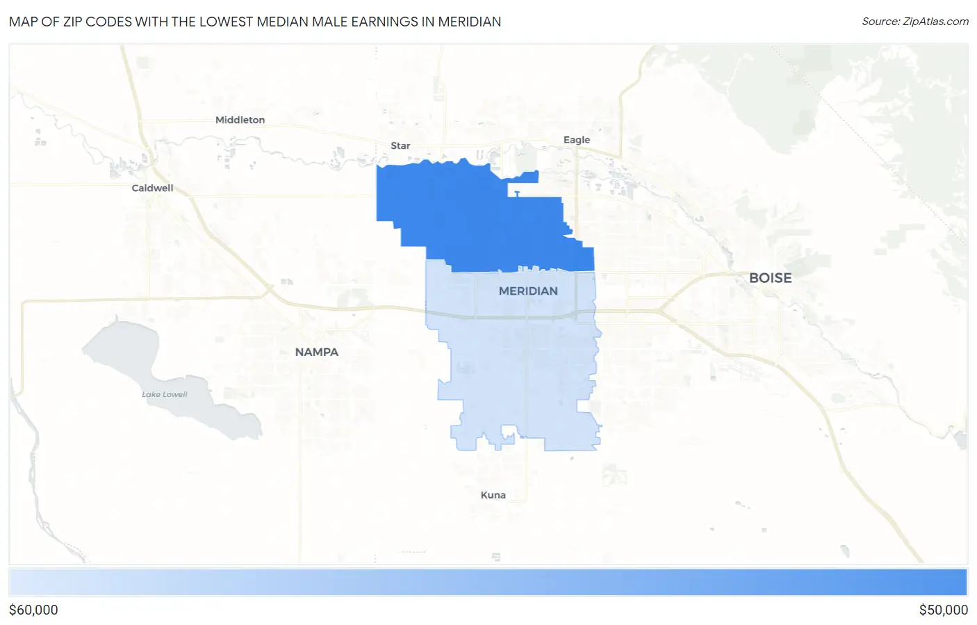 Zip Codes with the Lowest Median Male Earnings in Meridian Map