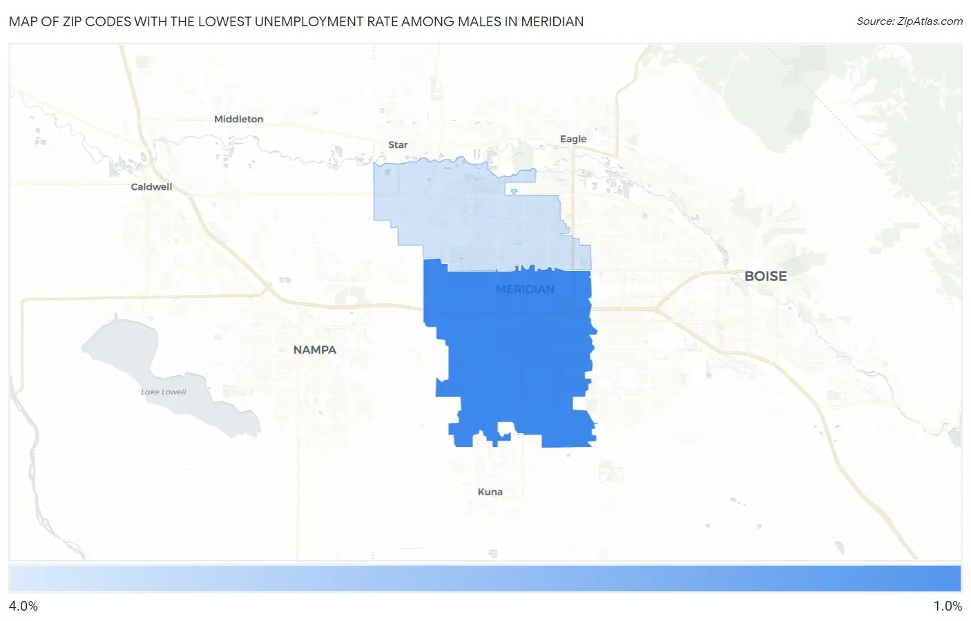 Zip Codes with the Lowest Unemployment Rate Among Males in Meridian Map
