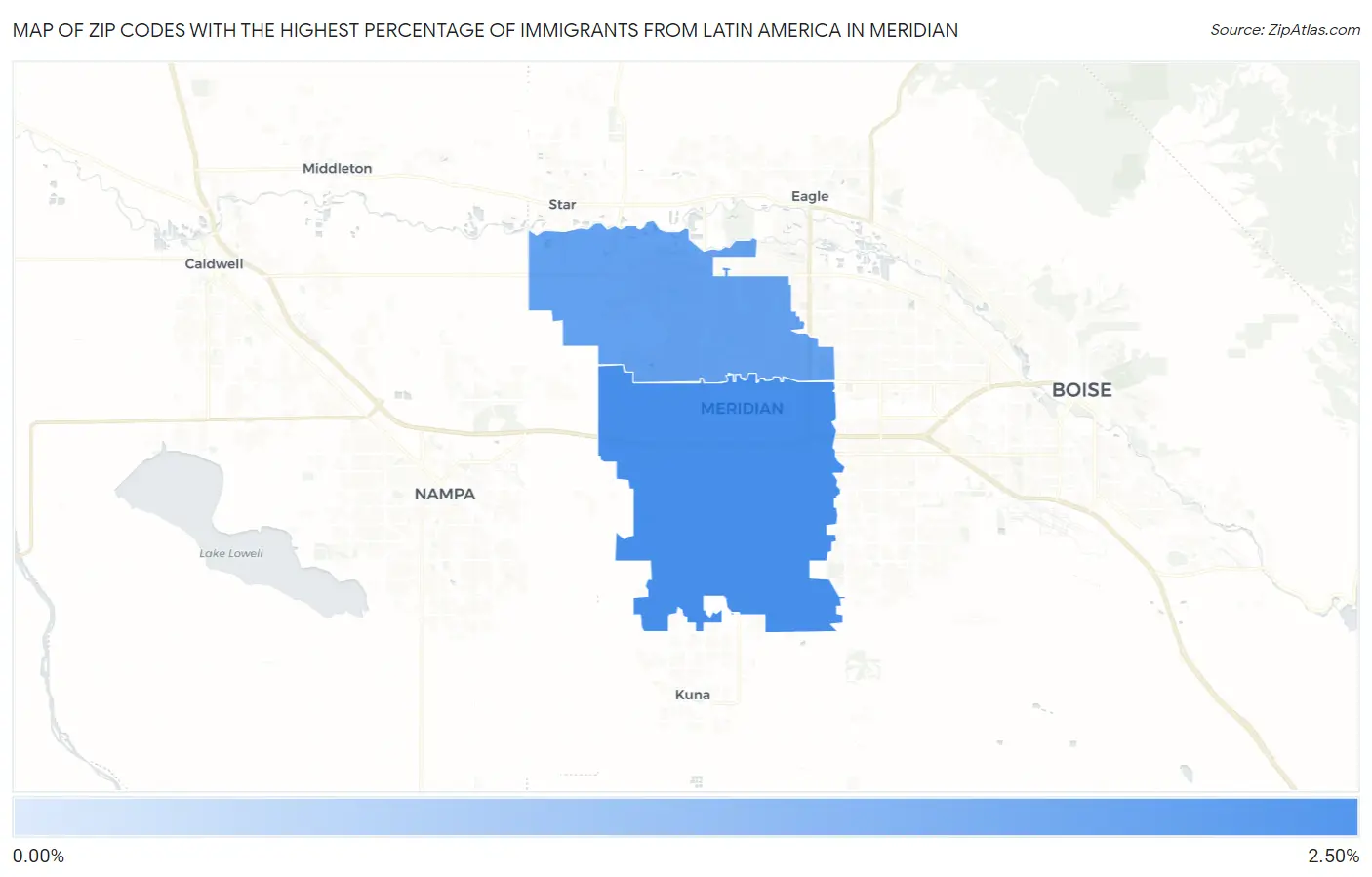 Zip Codes with the Highest Percentage of Immigrants from Latin America in Meridian Map