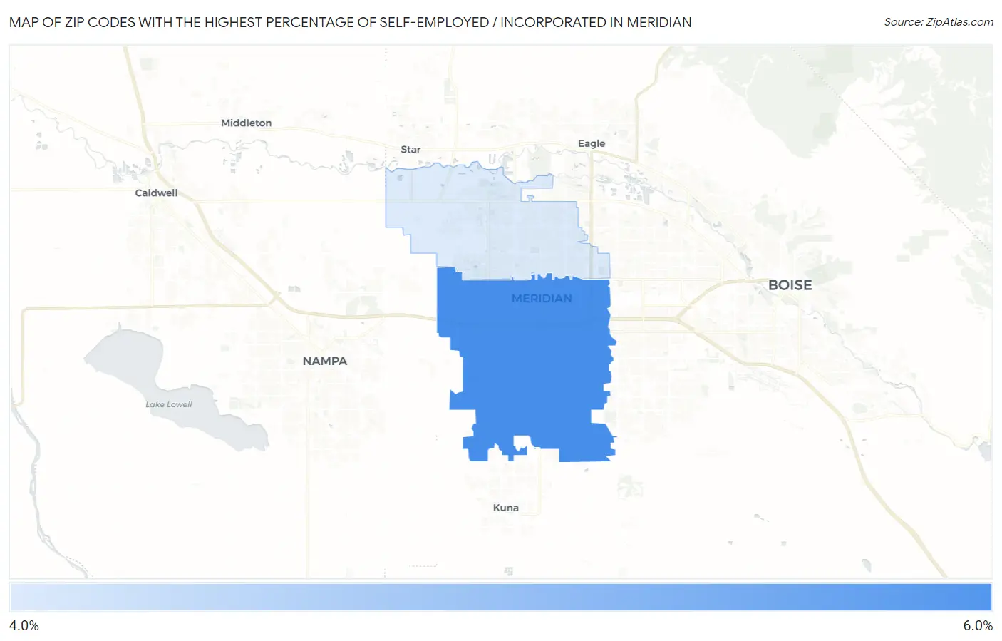 Zip Codes with the Highest Percentage of Self-Employed / Incorporated in Meridian Map