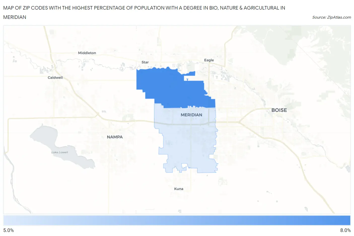 Zip Codes with the Highest Percentage of Population with a Degree in Bio, Nature & Agricultural in Meridian Map