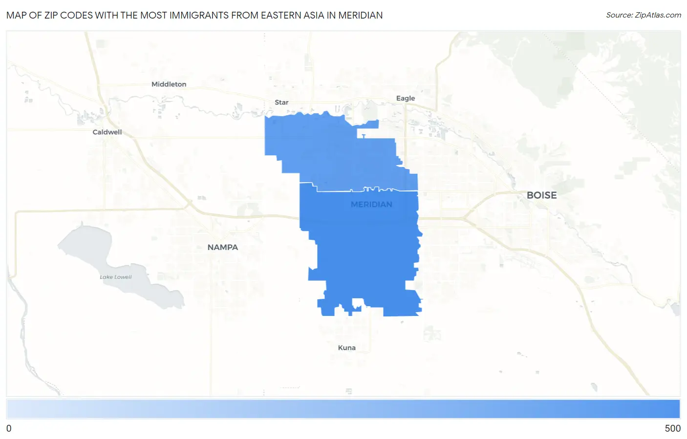 Zip Codes with the Most Immigrants from Eastern Asia in Meridian Map