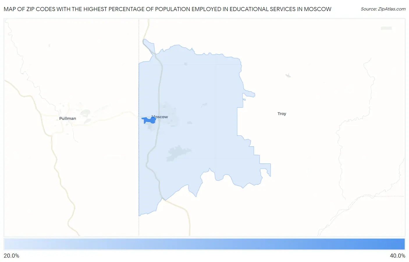 Zip Codes with the Highest Percentage of Population Employed in Educational Services in Moscow Map