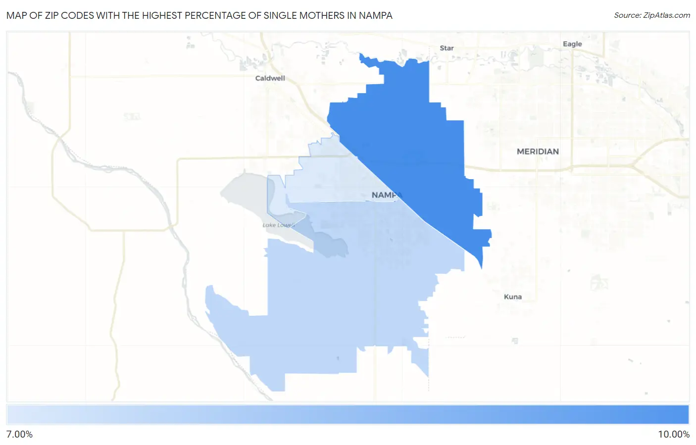 Zip Codes with the Highest Percentage of Single Mothers in Nampa Map