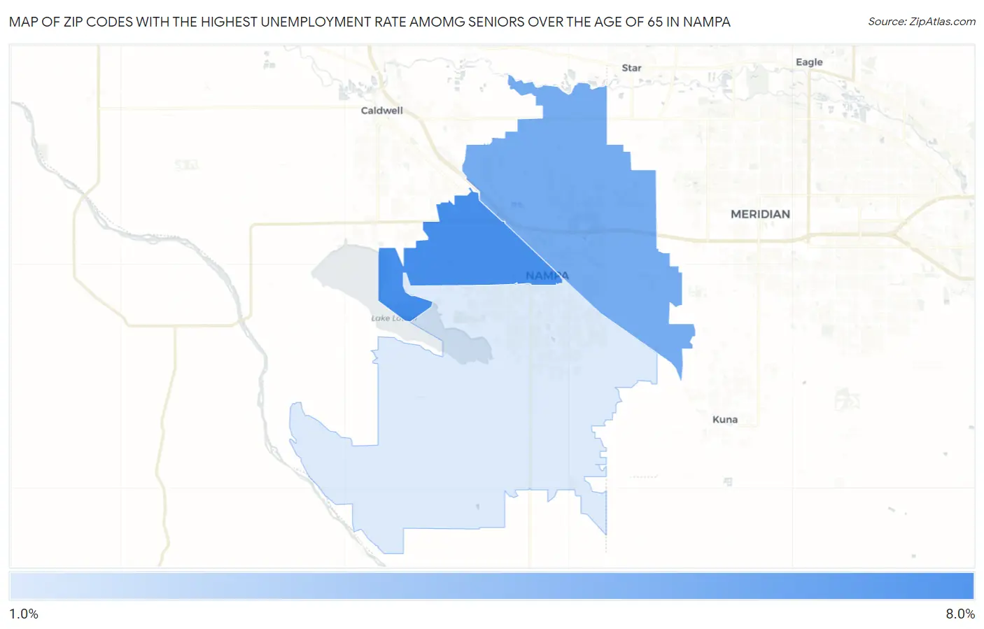 Zip Codes with the Highest Unemployment Rate Amomg Seniors Over the Age of 65 in Nampa Map