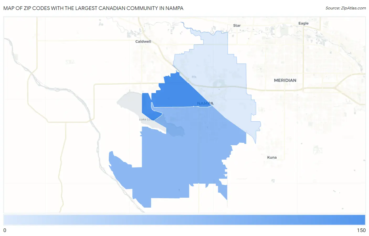 Zip Codes with the Largest Canadian Community in Nampa Map