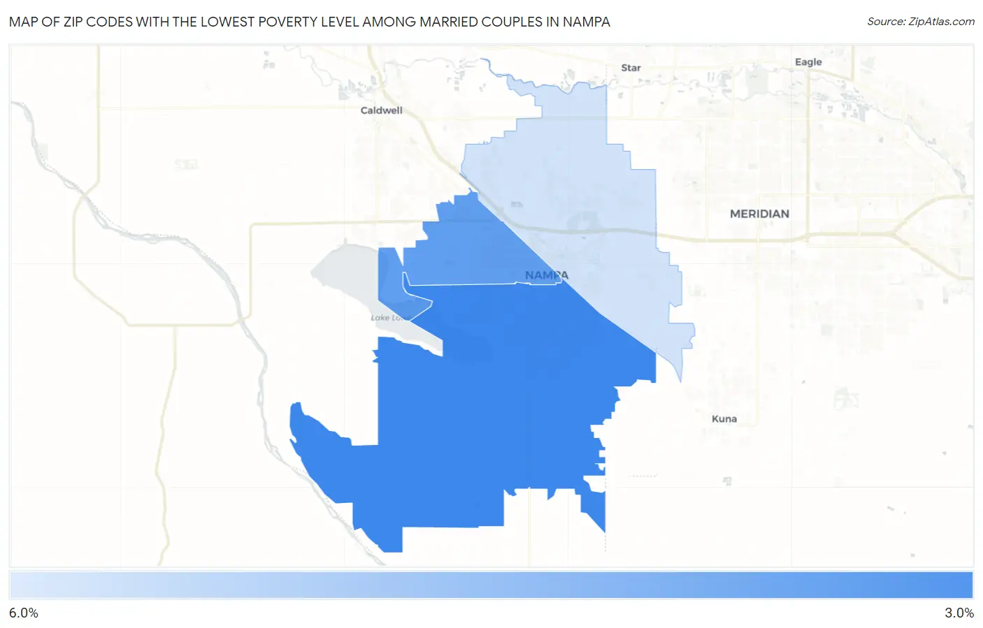 Zip Codes with the Lowest Poverty Level Among Married Couples in Nampa Map