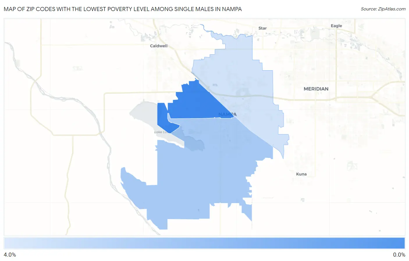 Zip Codes with the Lowest Poverty Level Among Single Males in Nampa Map