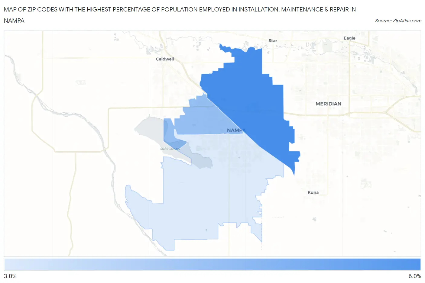 Zip Codes with the Highest Percentage of Population Employed in Installation, Maintenance & Repair in Nampa Map