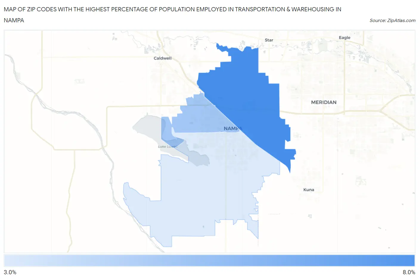 Zip Codes with the Highest Percentage of Population Employed in Transportation & Warehousing in Nampa Map
